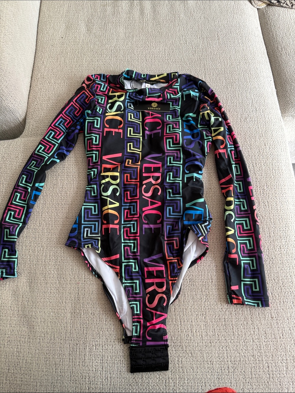 Versace Black Multicolor Logo Long Sleeve One-Piece Swimsuit